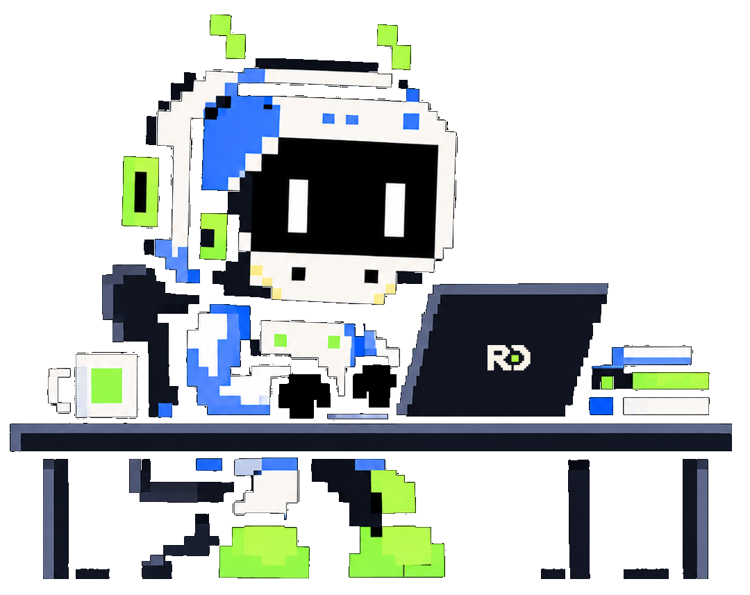 The Crawler, RecordsData's pixel-art mascot, working on a laptop at a desk