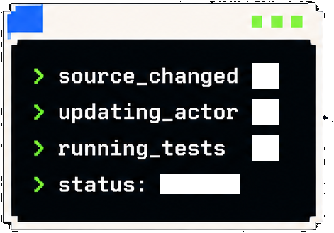 Terminal log: source_changed, updating_actor, running_tests, status